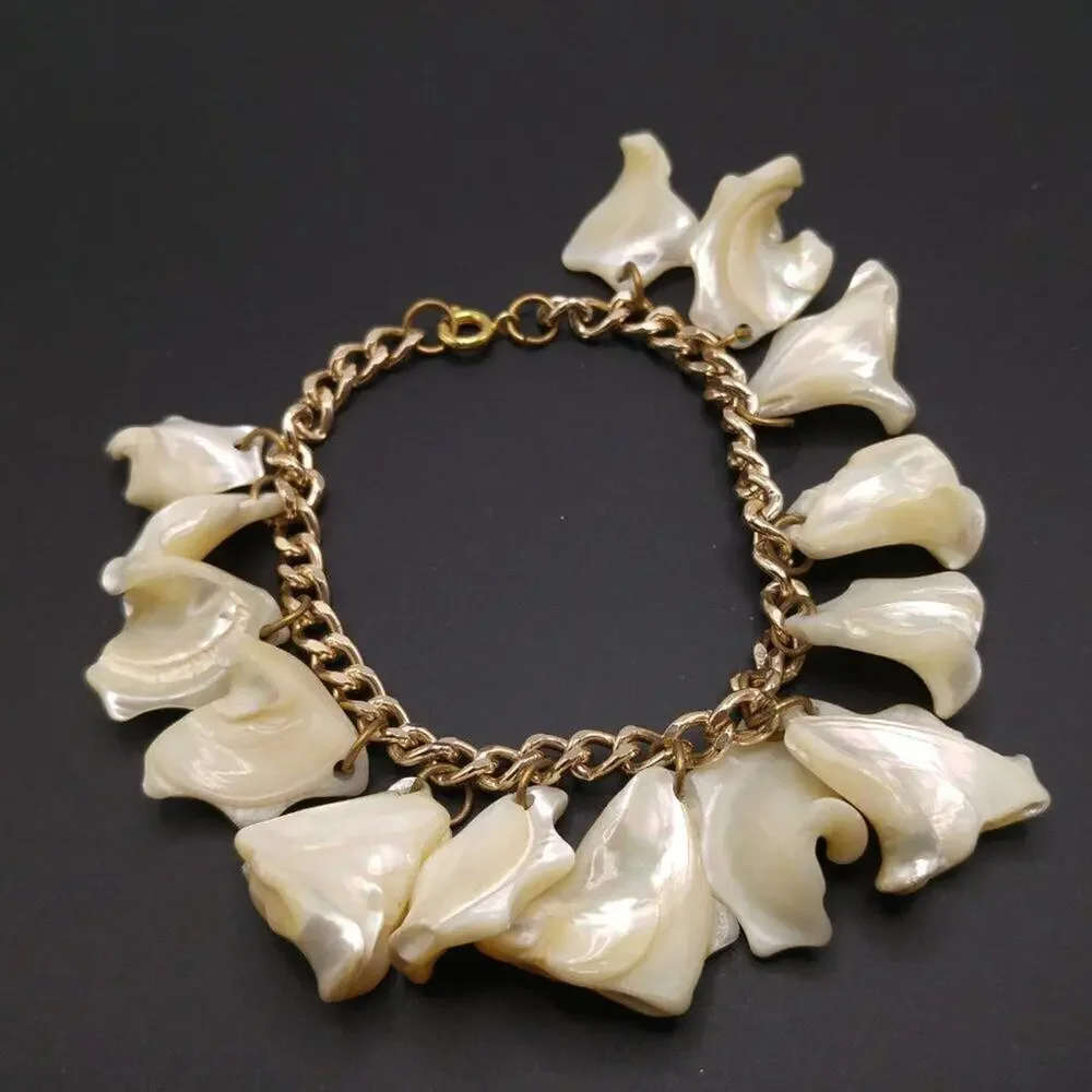 Vintage Mother of Pearl Charm Bracelet Gold Tone Dangle 1950s 8 Inch